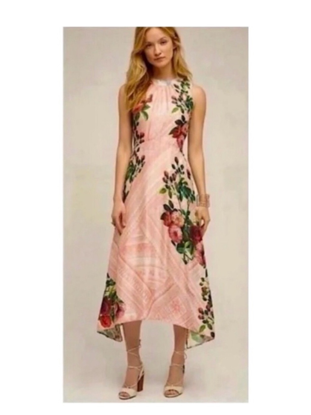 Anthropologie - PANKAJ & NIDHI Pink Floral Midi Dress with Green Accents